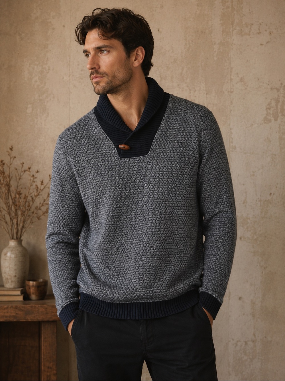 Zara Man Textured Shawl Collar Button Pullover Sweater Blue Grey Size Large